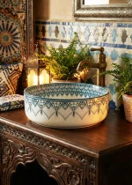 Lavoar ceramic rotund A524B-D – design decorativ albastru și alb lucios