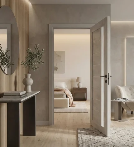 Ușă de interior Deco 09 G Light Cement cu sticlă satinată