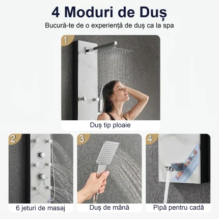 Panel de Duș Marble White – Design Premium cu Jeturi Multiple de Hidromasaj și Duș Fix