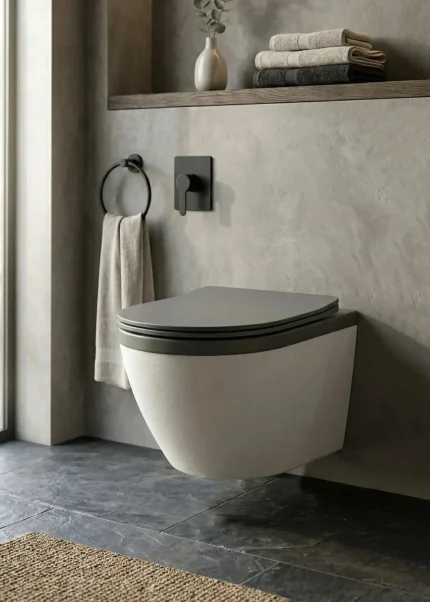 Vas WC Suspendat Rimless – Alb Mat Texturat cu Capac Gri Închis Mat